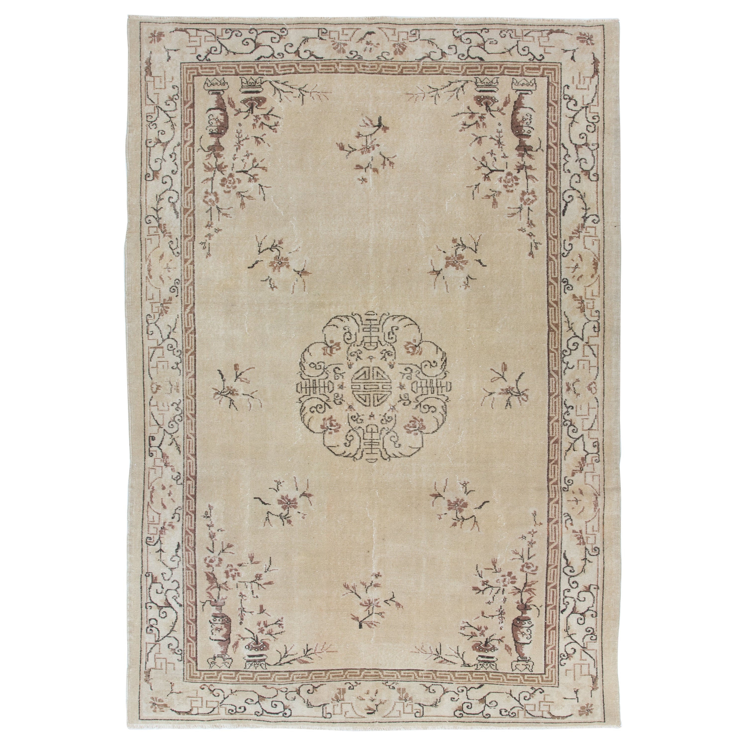 7.2x10.4 ft Handmade Art Deco Chinese Rug in Beige, Vintage Sun Faded Carpet For Sale