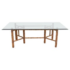 McGuire Organic Modern Bamboo, Rattan, and Leather Glass Top Dining Table, 1970s