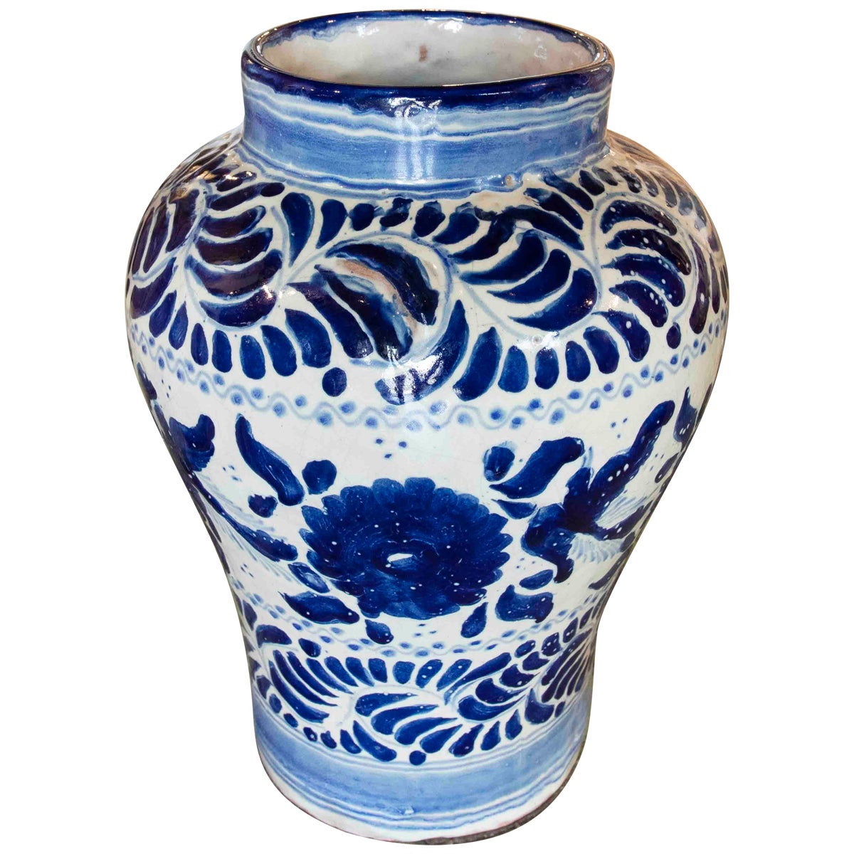 Mexikanische glasierte Keramikvase in Blautönen aus Puebla aus den 1970er Jahren  im Angebot