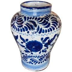 Retro 1970s Mexican Glazed Ceramic Vase in Blue Tones from Puebla