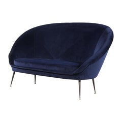 Italian Design Two Seater Sofa Blue Velour Italy Midcentury Free Standing Legs