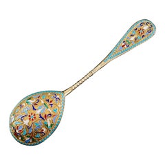 Antique Imperial Russian Large Silver Cloisonne Enamel Spoon, C.1880