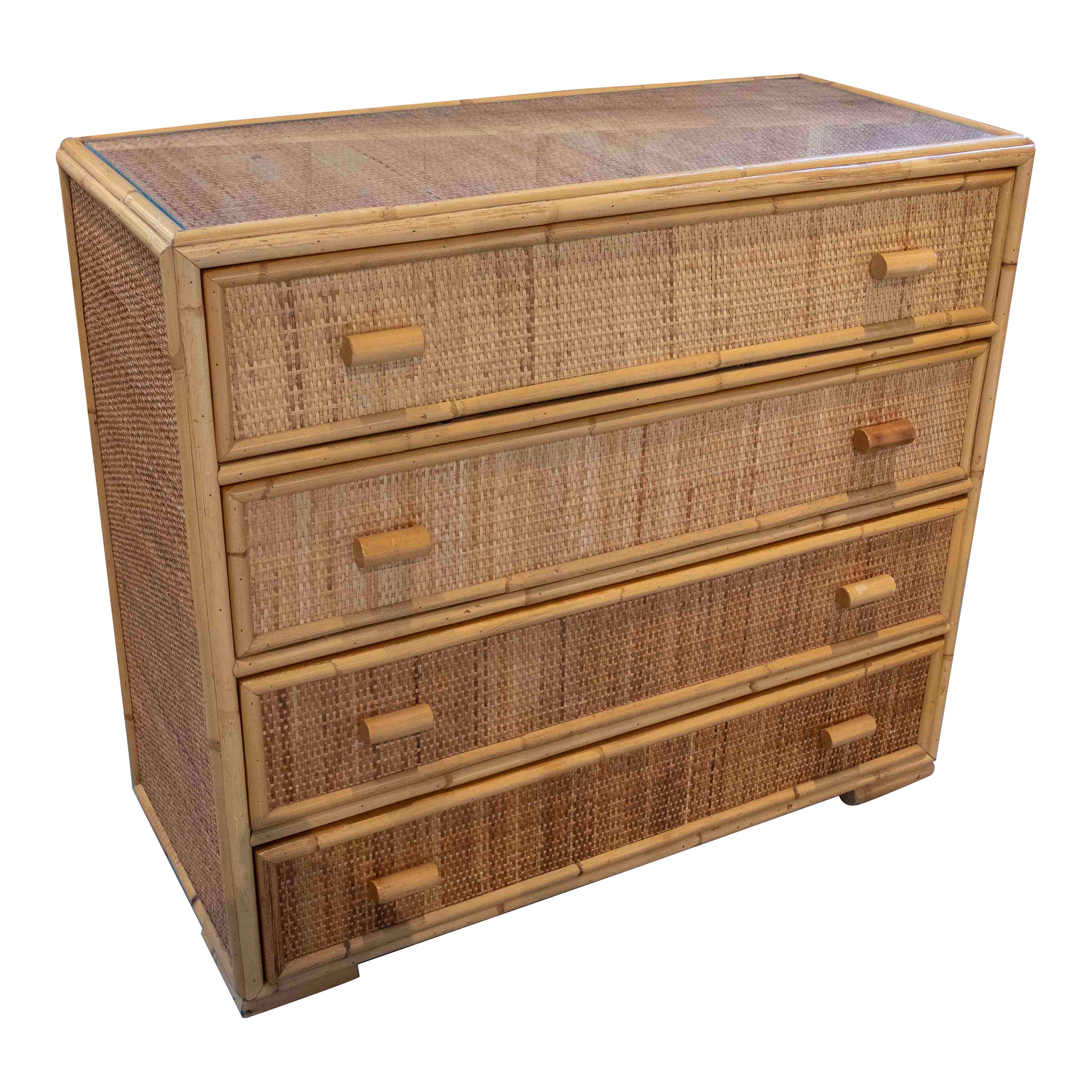 1970s Spanish Wicker Chest of Drawers with Three Drawers and Glass Top