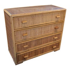 Used 1970s Spanish Wicker Chest of Drawers with Three Drawers and Glass Top