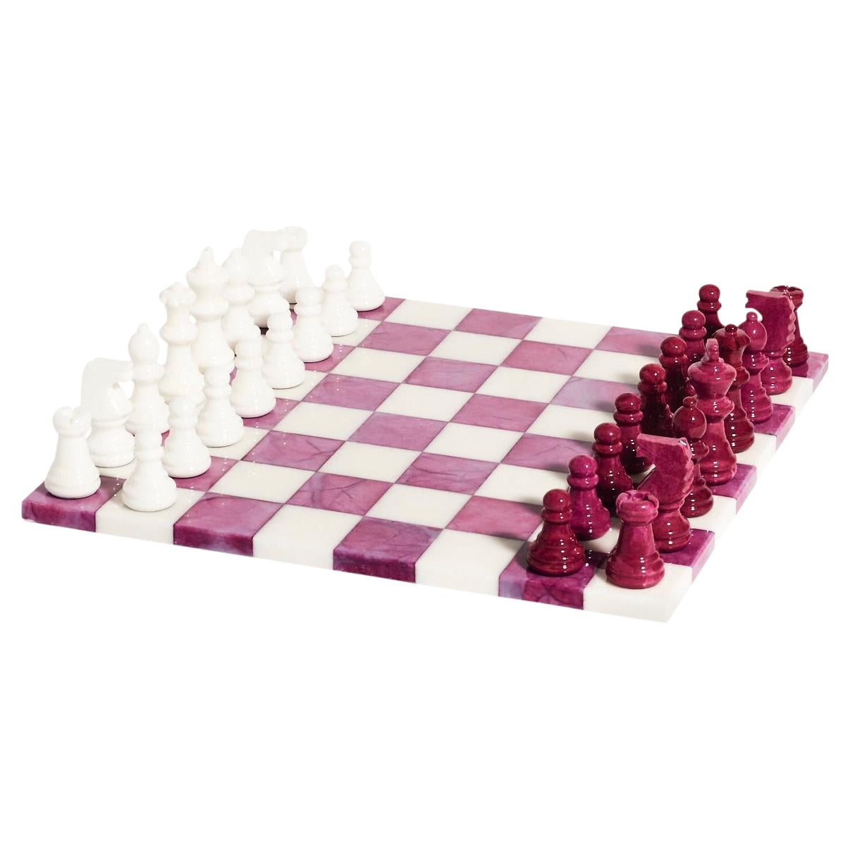 Italian Magenta / White Large Alabaster Marble Chess Set For Sale