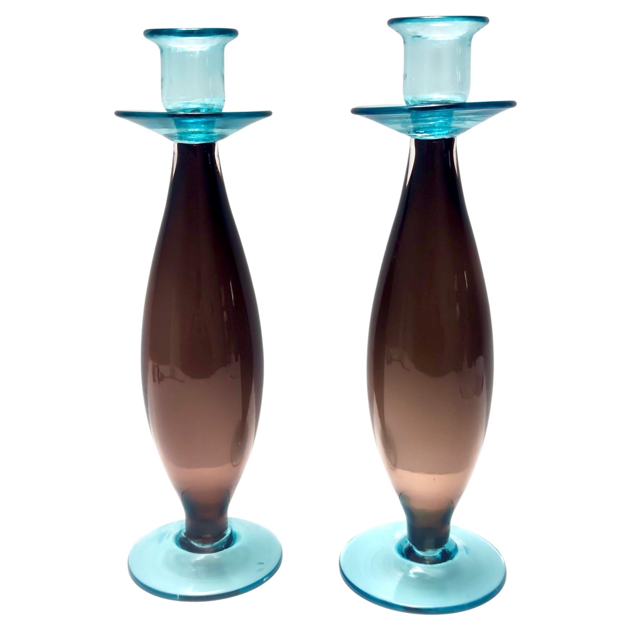 Postmodern Pair of Brown and Aquamarine Murano Glass Candleholders, Italy For Sale