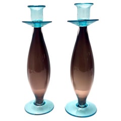 Retro Postmodern Pair of Brown and Aquamarine Murano Glass Candleholders, Italy