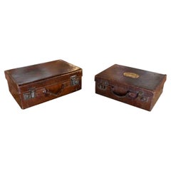 19th Century Pair of Leather Travelling Suitcases with Bronze Initials