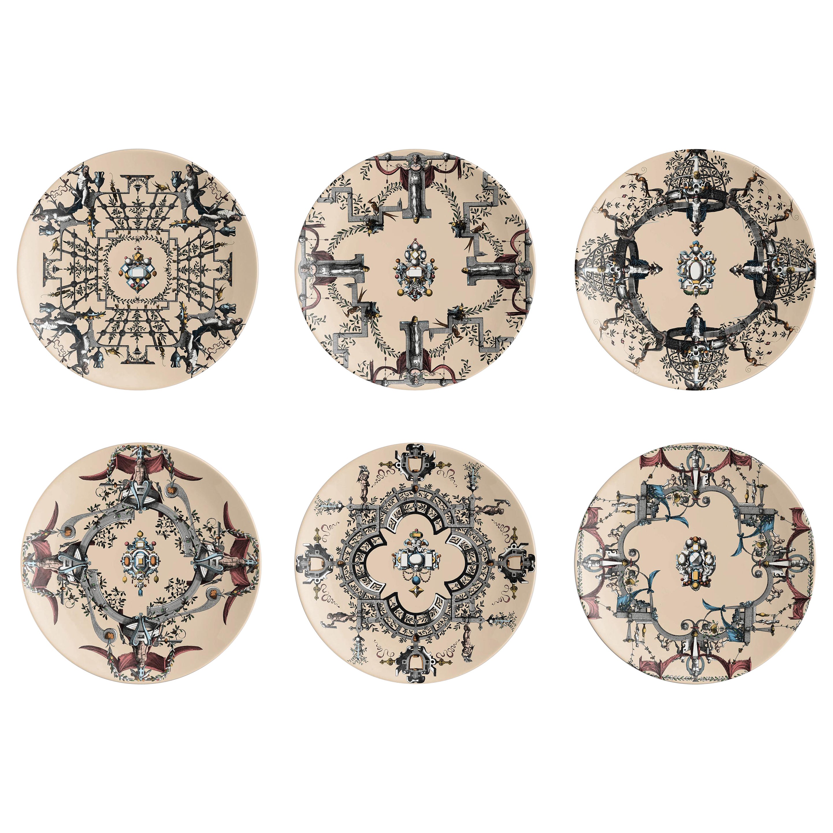 Six assiettes en porcelaine contemporaines à motifs décoratifs Pompei