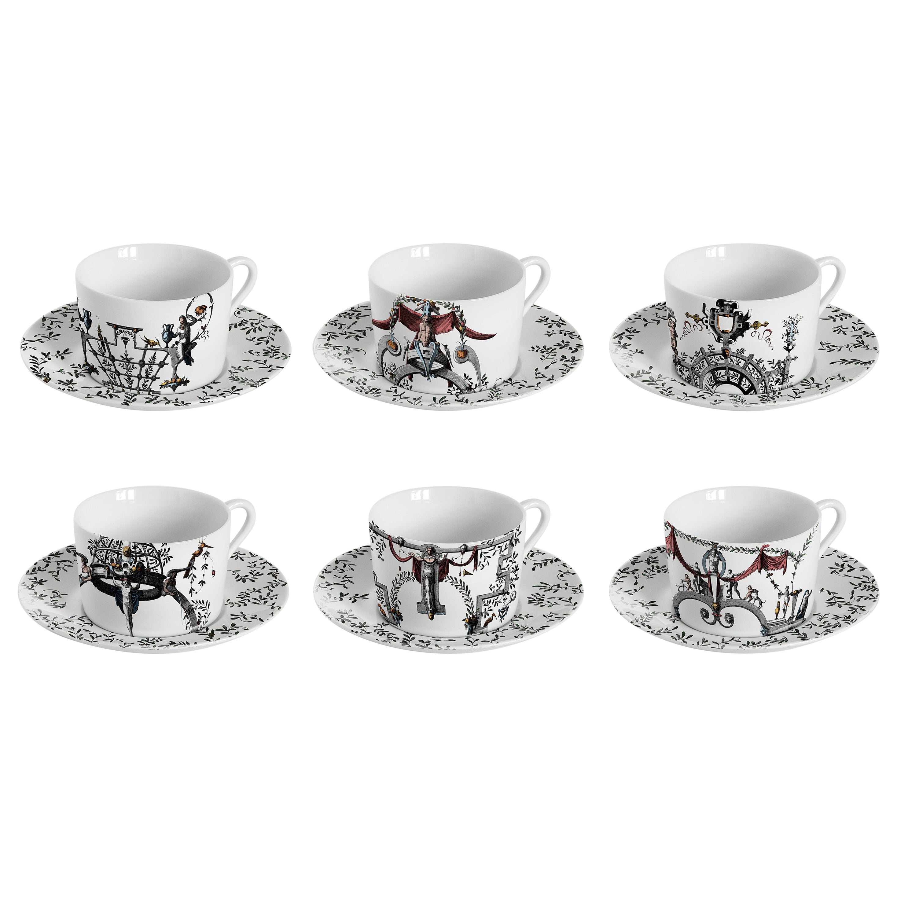 Six tasses à thé décorées contemporaines Pompei avec assiettes en vente