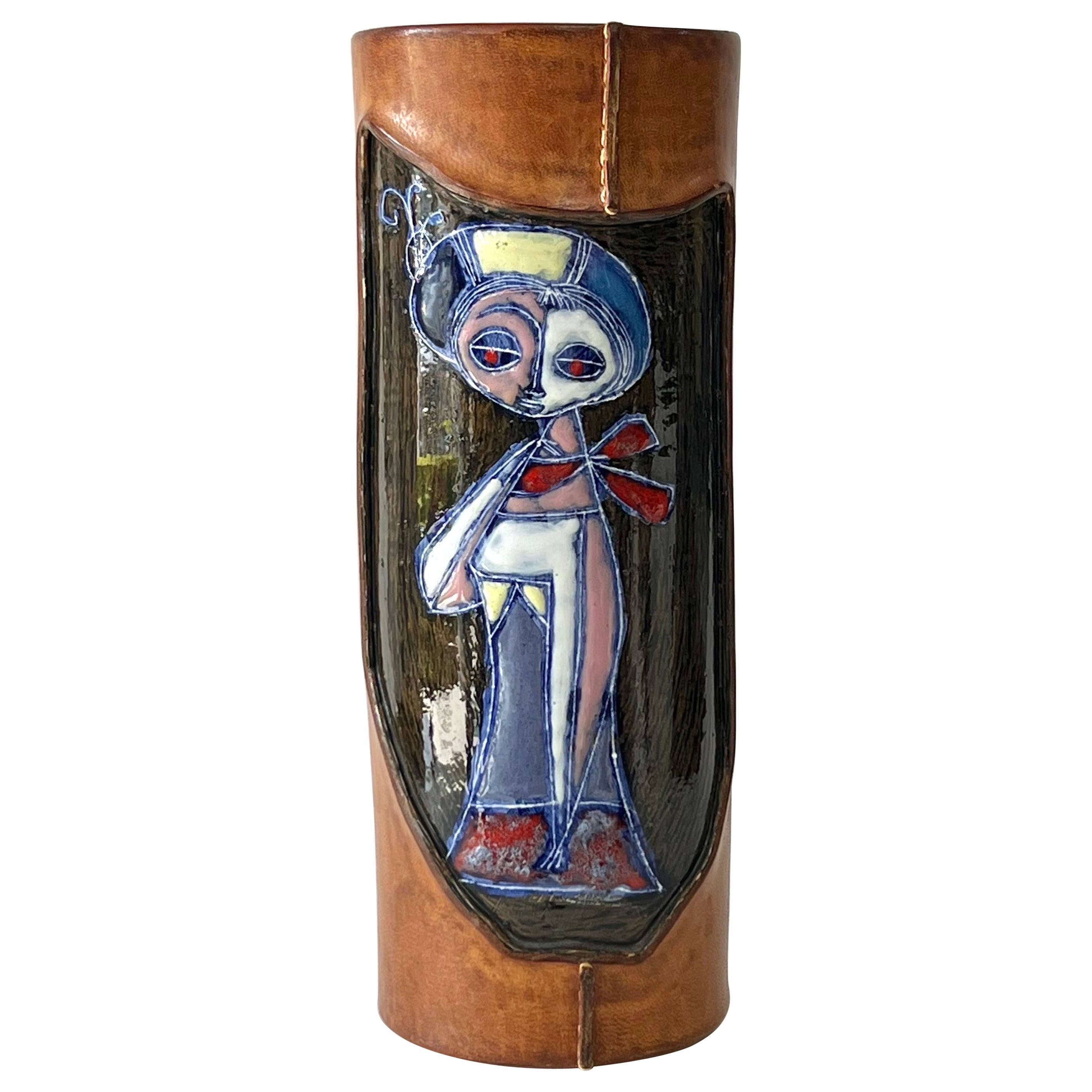 Vase en céramique abstraite Marcello Fantoni avec cuir