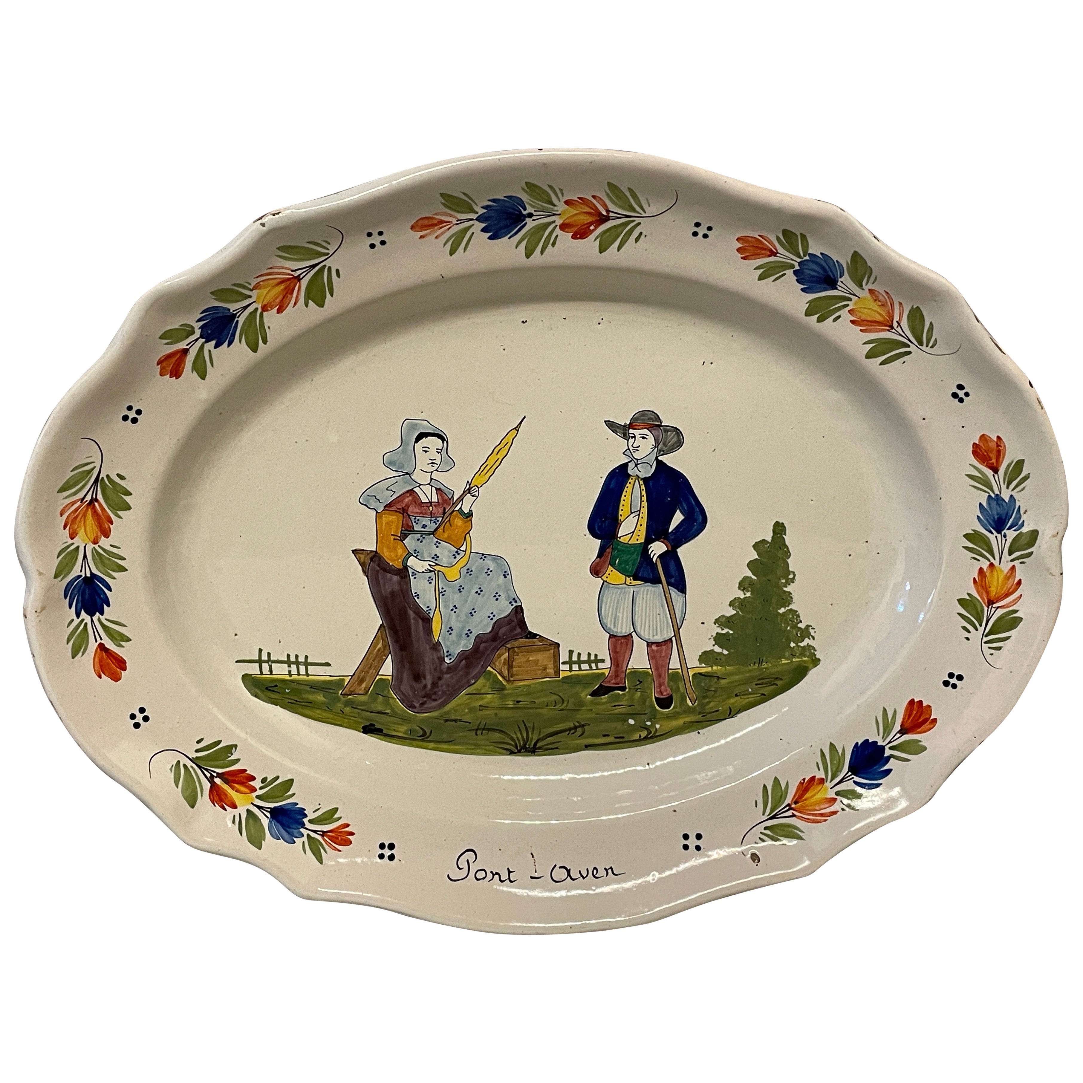 French Faience Platter Quimper, Signed HB For Sale