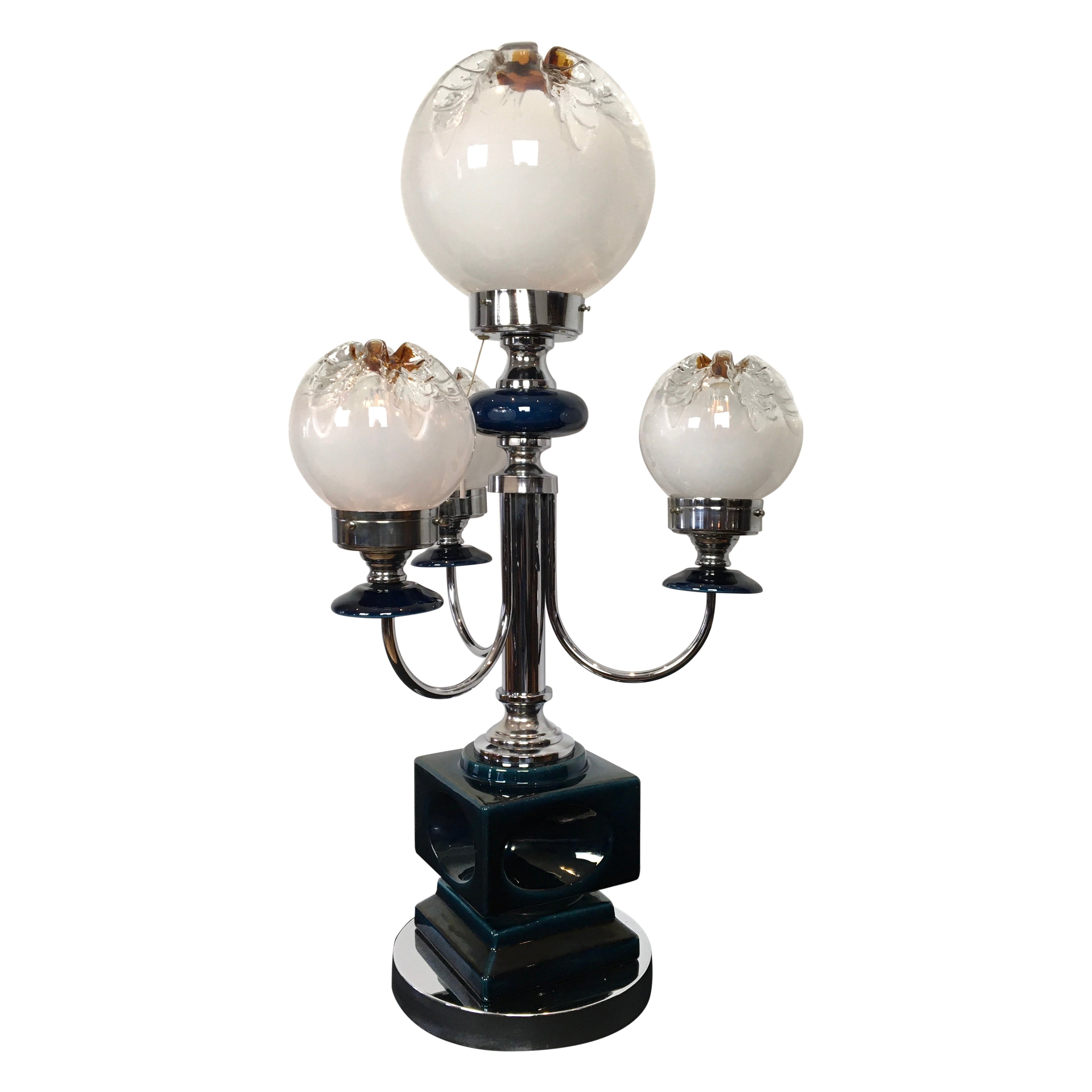 Large Mazzega Table Lamp, Blue Ceramic with Murano Glass Globes For Sale