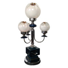 Large Mazzega Table Lamp, Blue Ceramic with Murano Glass Globes