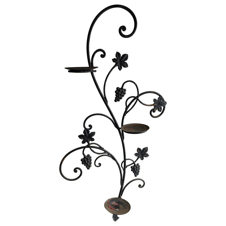 Midcentury Outdoor Iron Plant Candle or Vase Holder Grape and Leaf