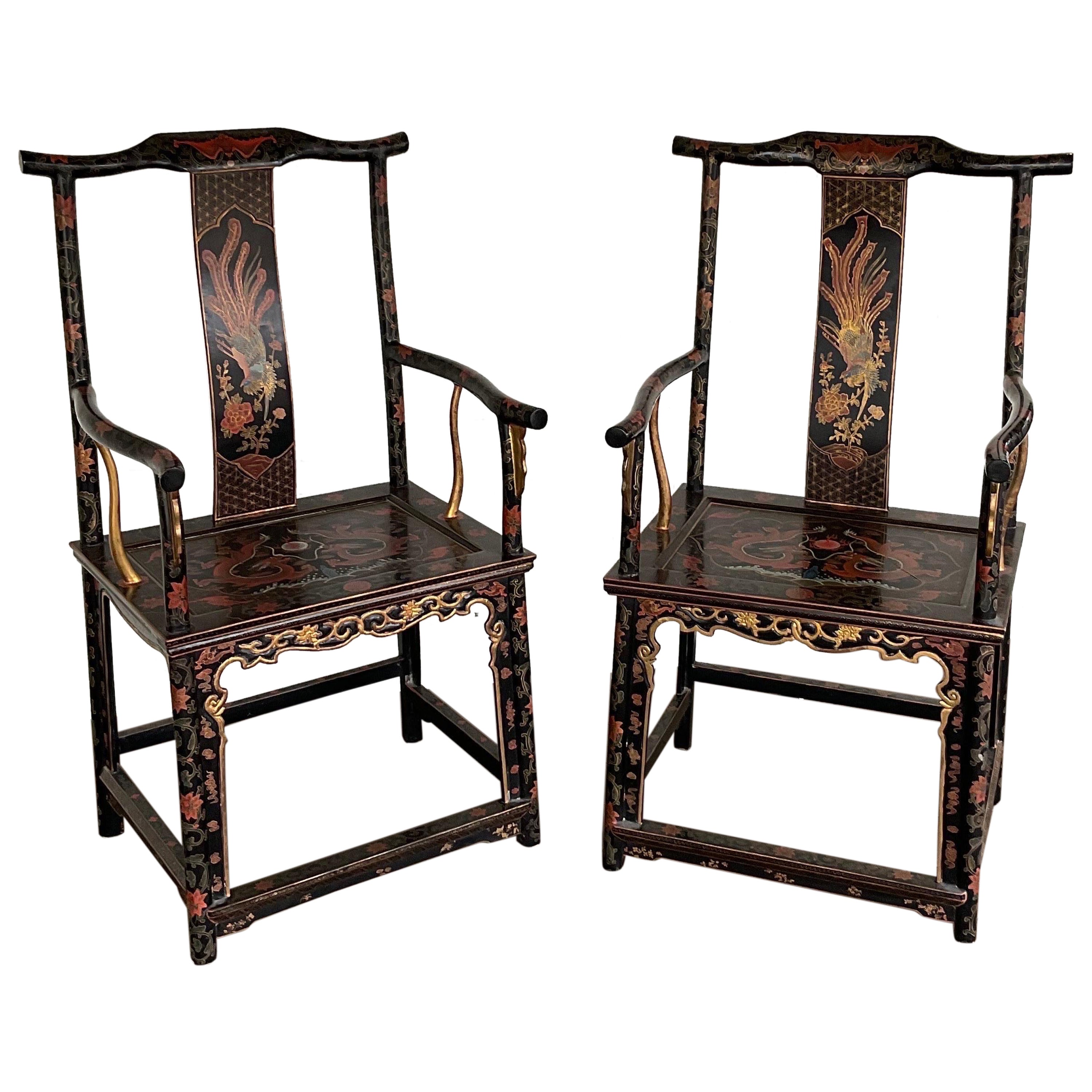 Late 20th Century Vintage Chinoiserie Official’s Hat Chairs, a Pair For Sale