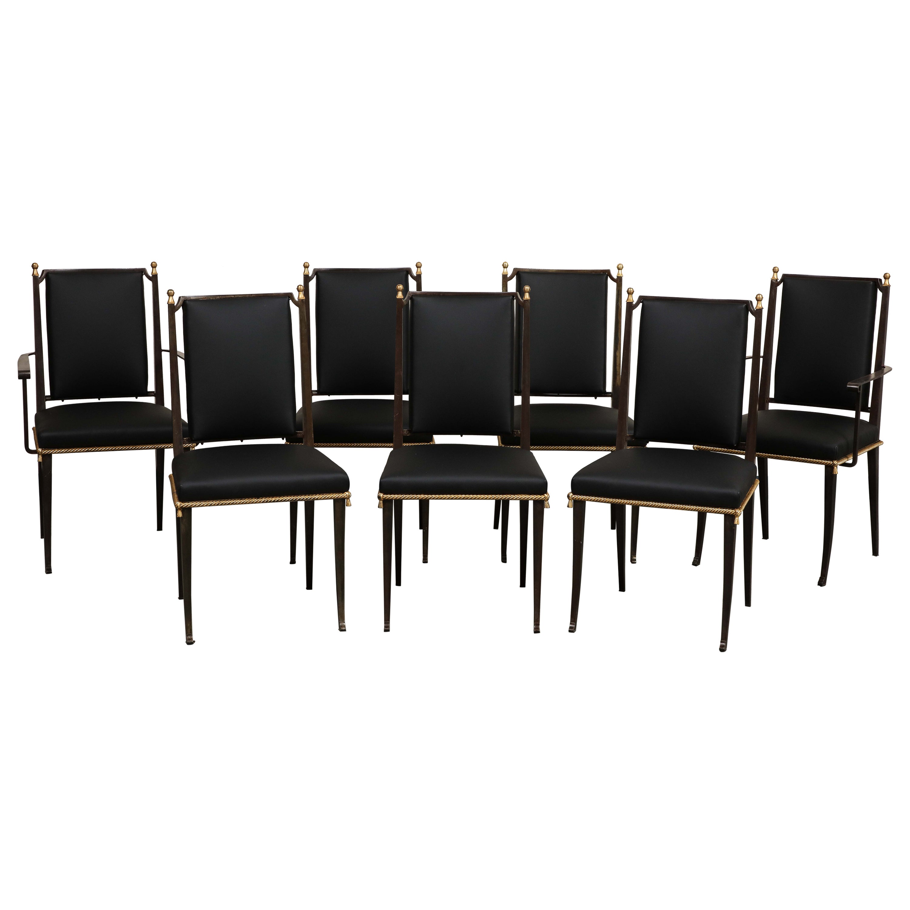 French Midcentury Blackened Iron Dining Chairs, Set of 7 For Sale