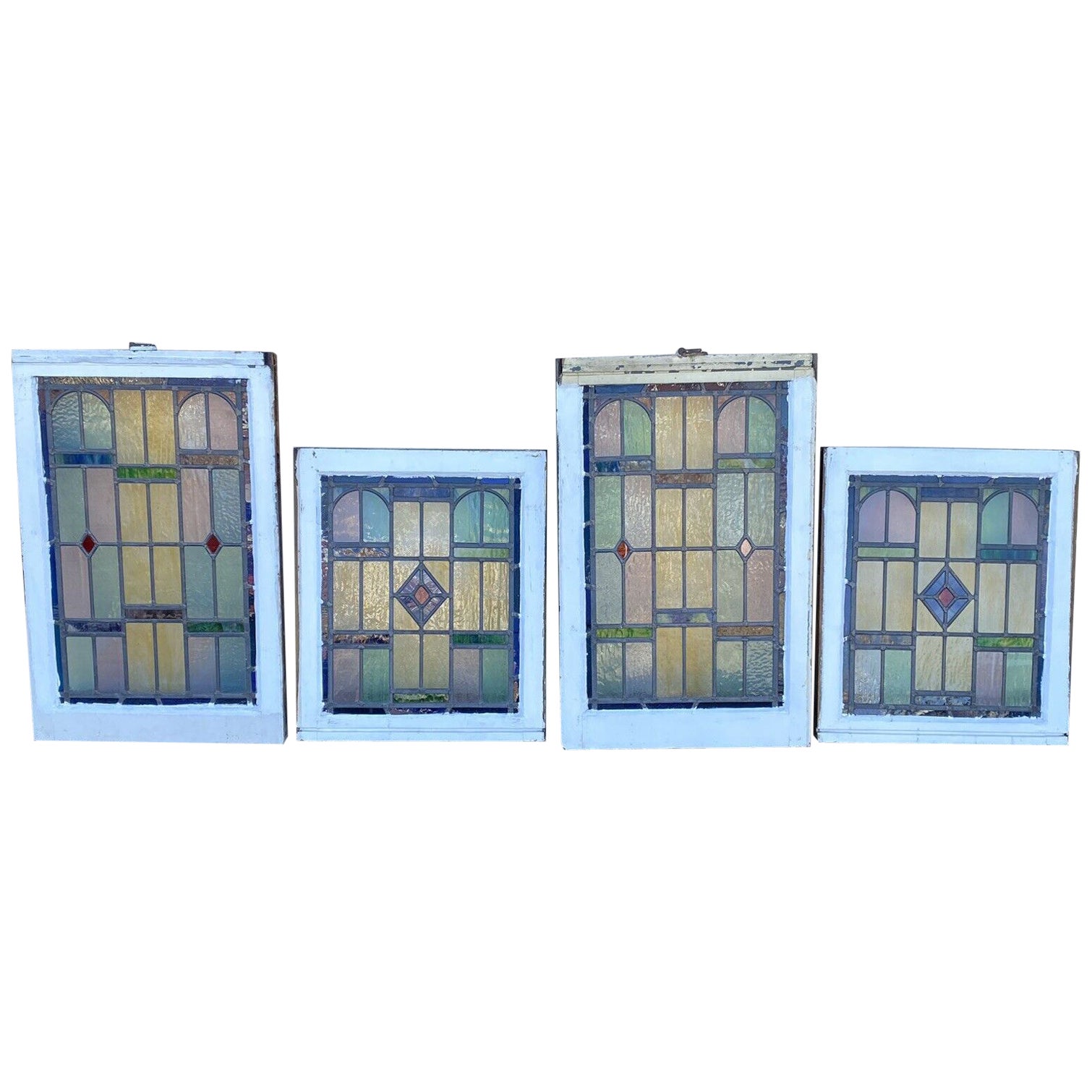 Antique Art Deco Leaded Stained Glass Pink Green Blue Yellow Windows, '2' Pair For Sale