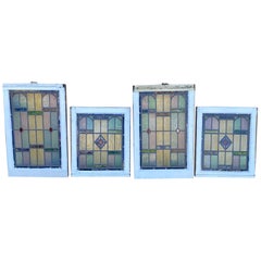 Used Art Deco Leaded Stained Glass Pink Green Blue Yellow Windows, '2' Pair