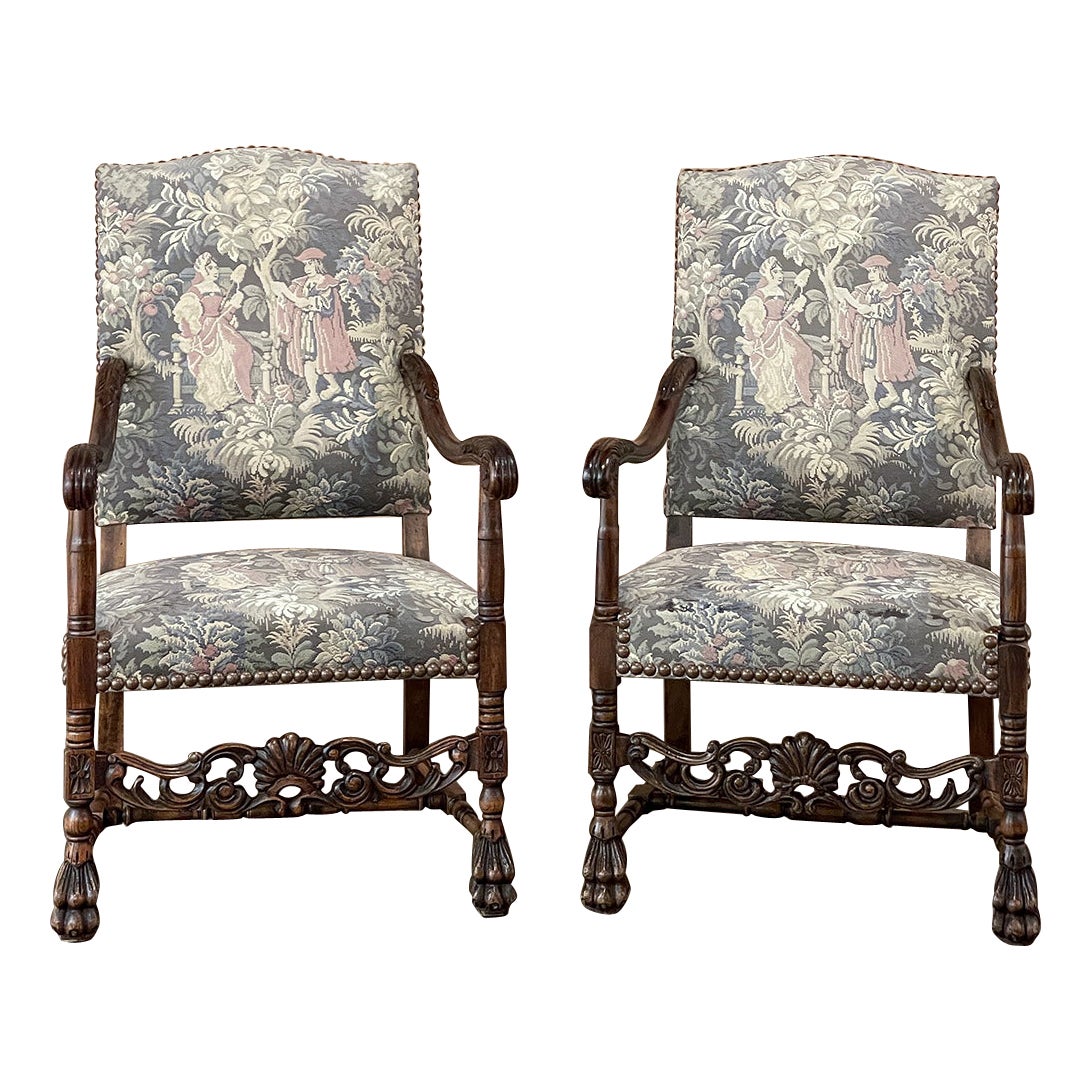 Pair Antique French Louis XIII Armchairs with Tapestry Upholstery