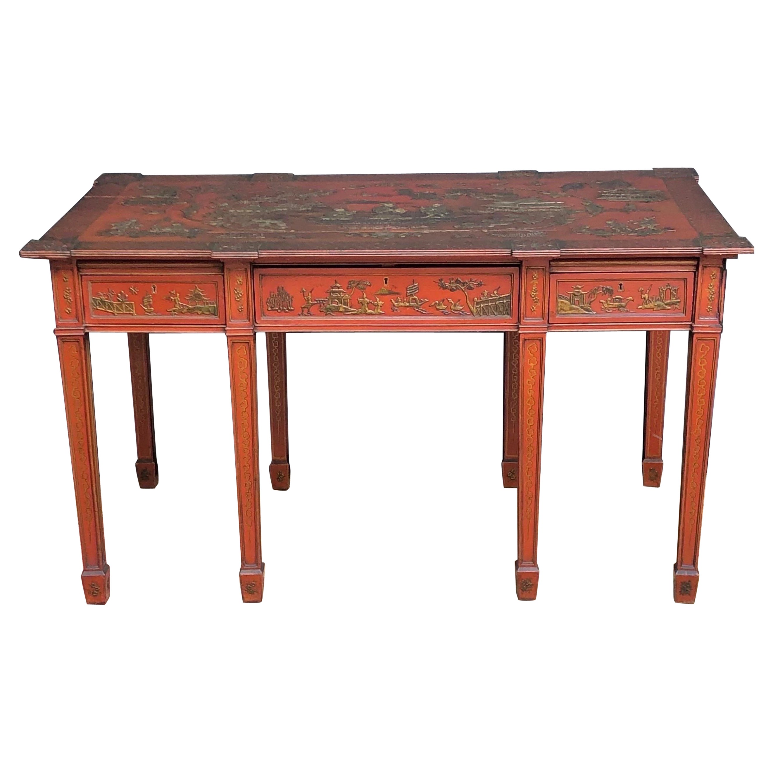 Chinoiserie Imperial Red English Writing Partners Desk / Library Table, 19th C For Sale
