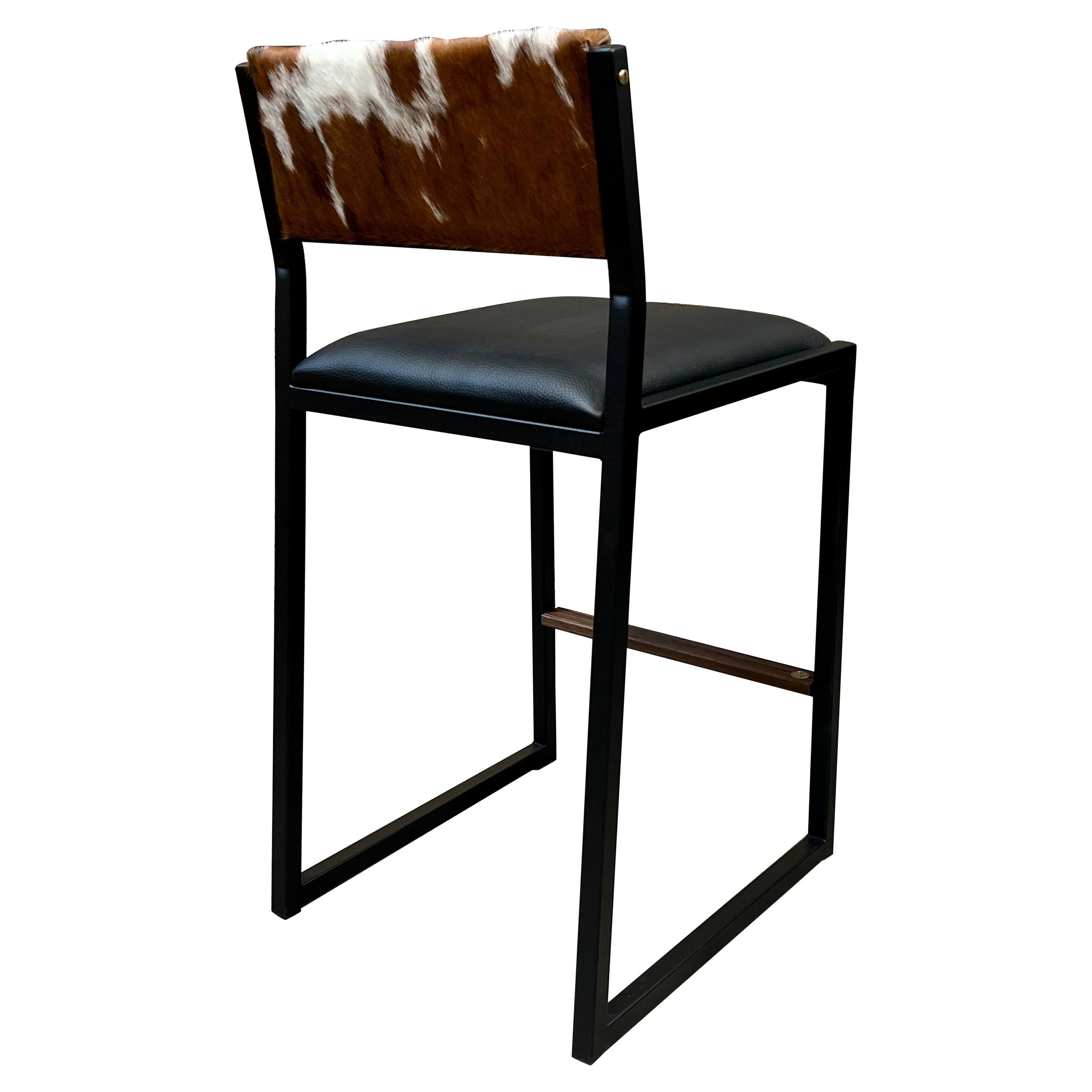 Shaker Counter Stool, by Ambrozia, Walnut, Black Leather, Brown & White Cowhide For Sale