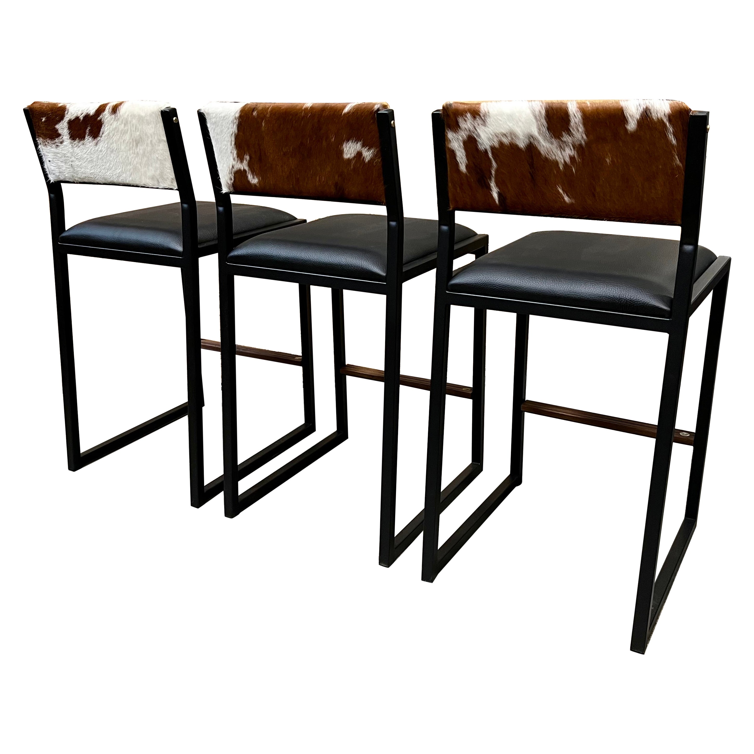 3x Shaker Counterstools, by Ambrozia, Walnut, Black Leather, Brown&White Cowhide For Sale