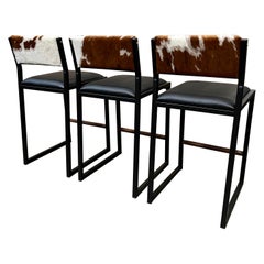 3x Shaker Counterstools, by Ambrozia, Walnut, Black Leather, Brown&White Cowhide