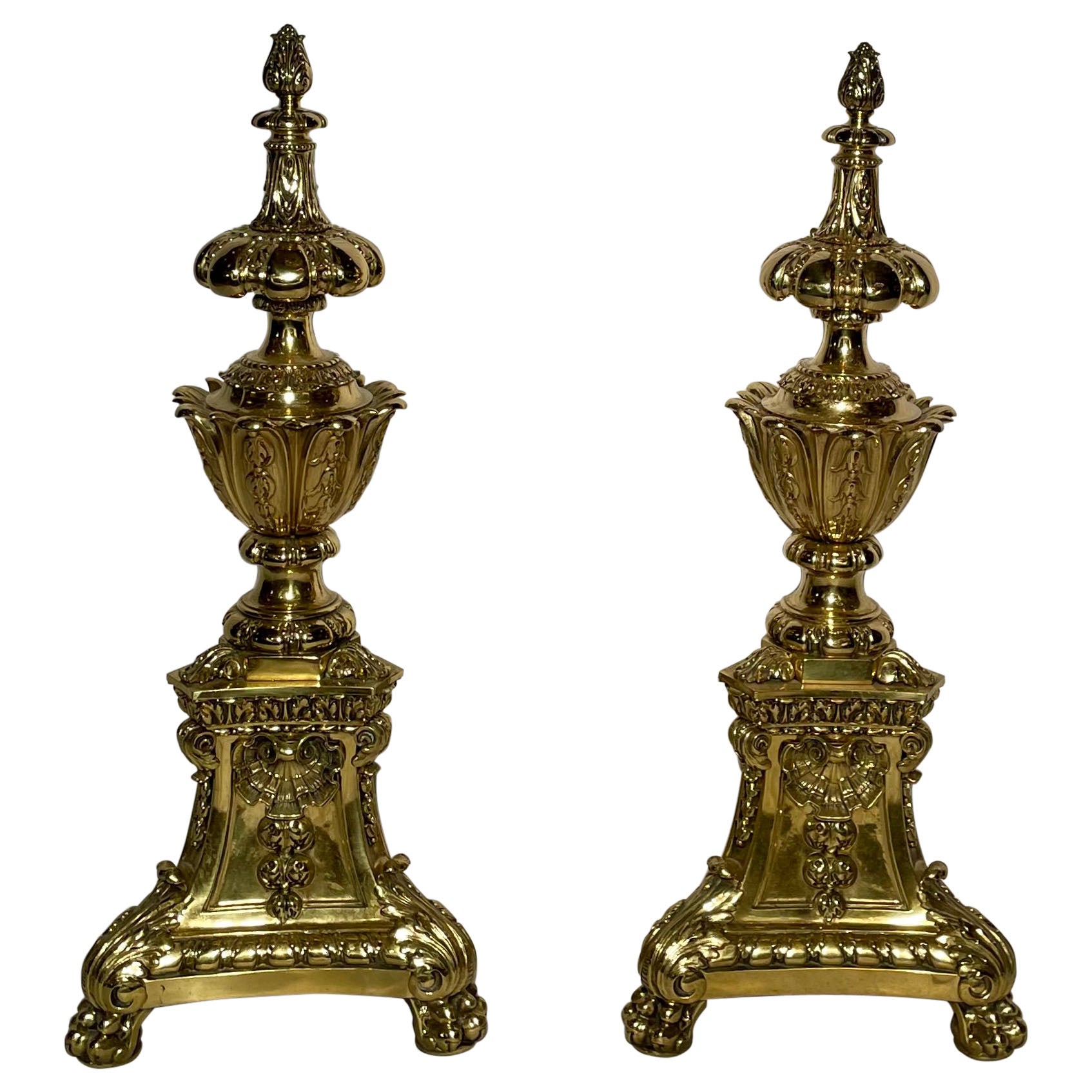 Pair of Antique English Brass Monumental Andirons, circa 1880 For Sale