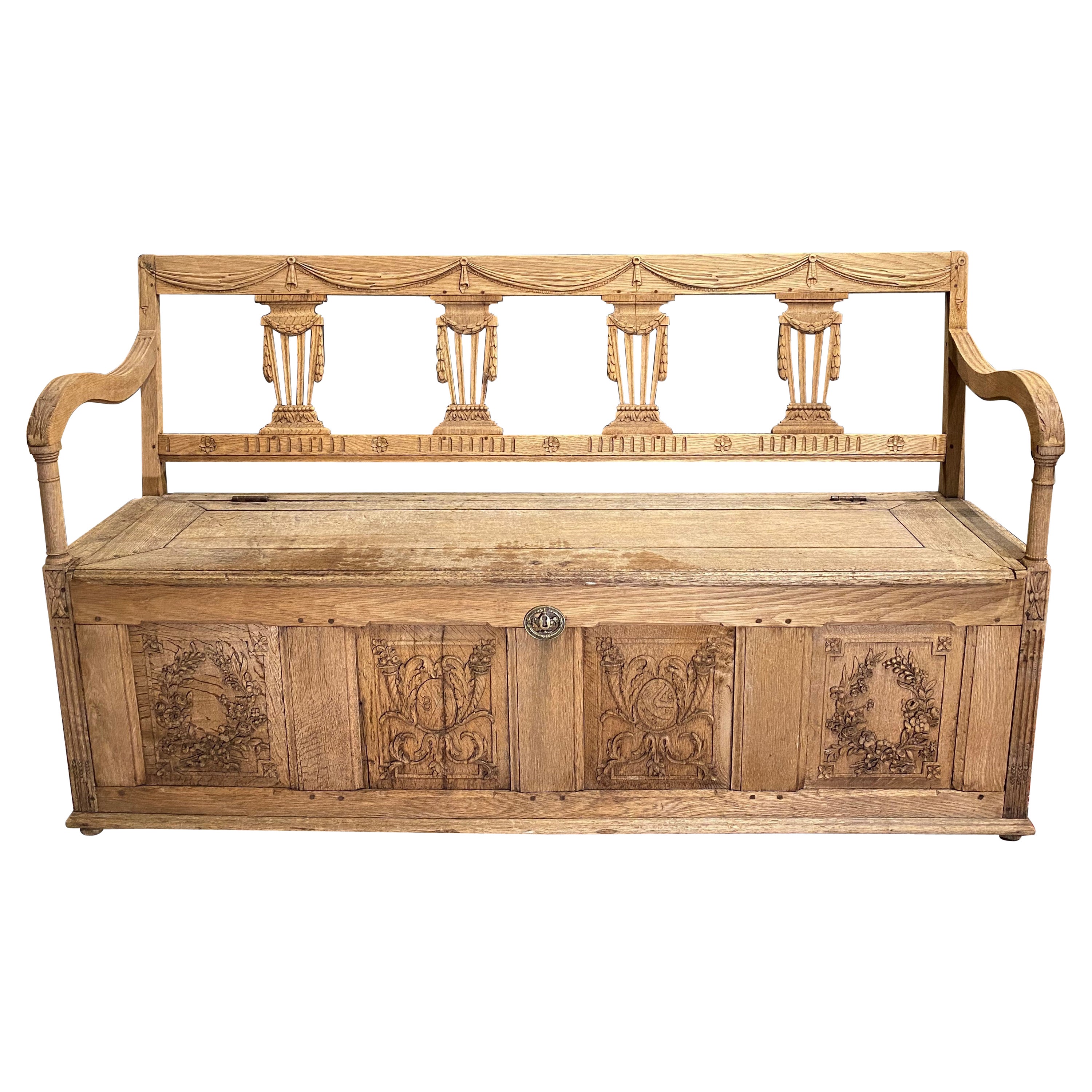 19th Century Swedish Carved Bench or Settee with Lift Top