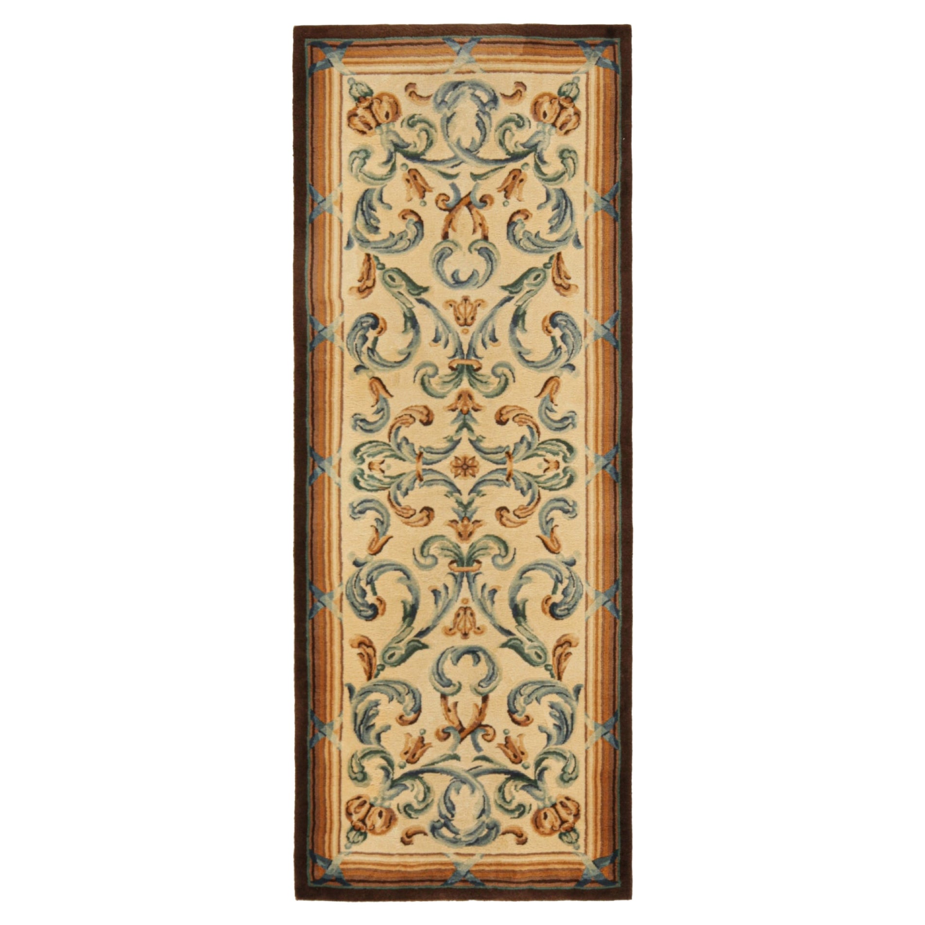 Vintage Savonnerie Style Runner in Beige with Blue Patterns