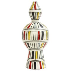 Bitossi Vase, Ceramic, Geometric, Stripes, White, Yellow, Black, Red, Signed