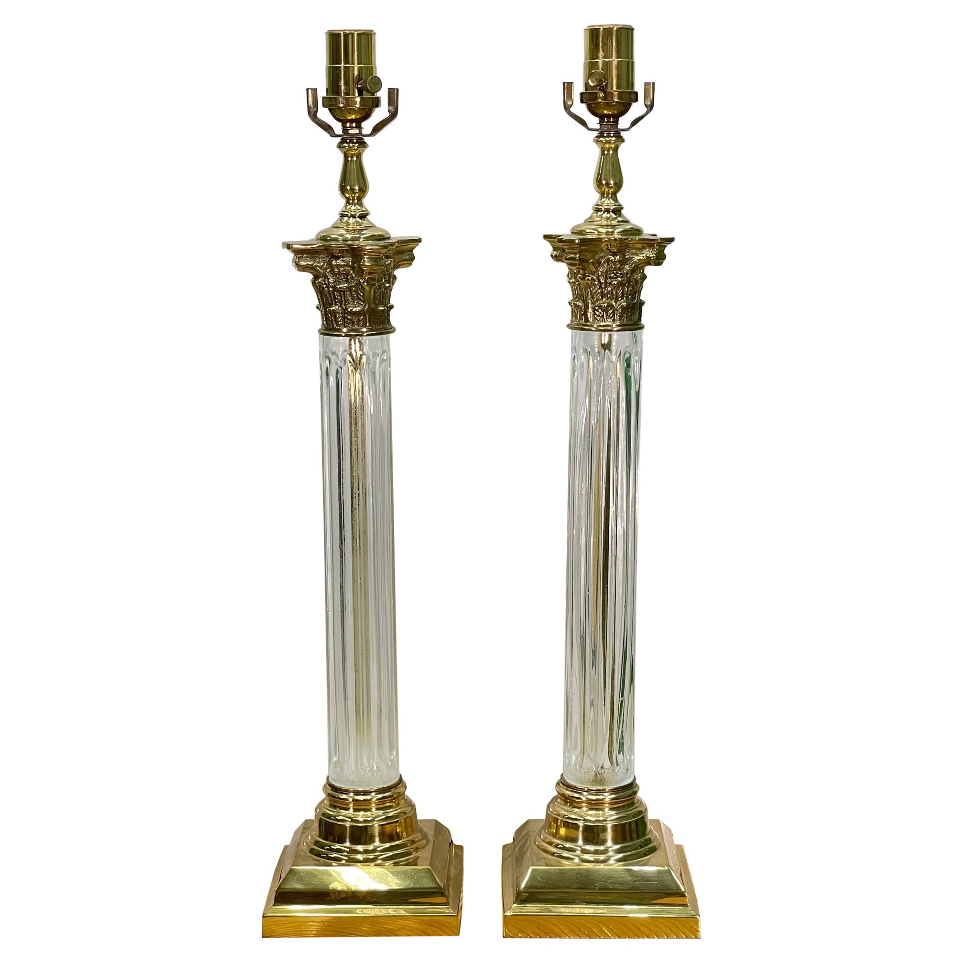 Hollywood Regency Brass and Crystal Column Table Lamps For Sale