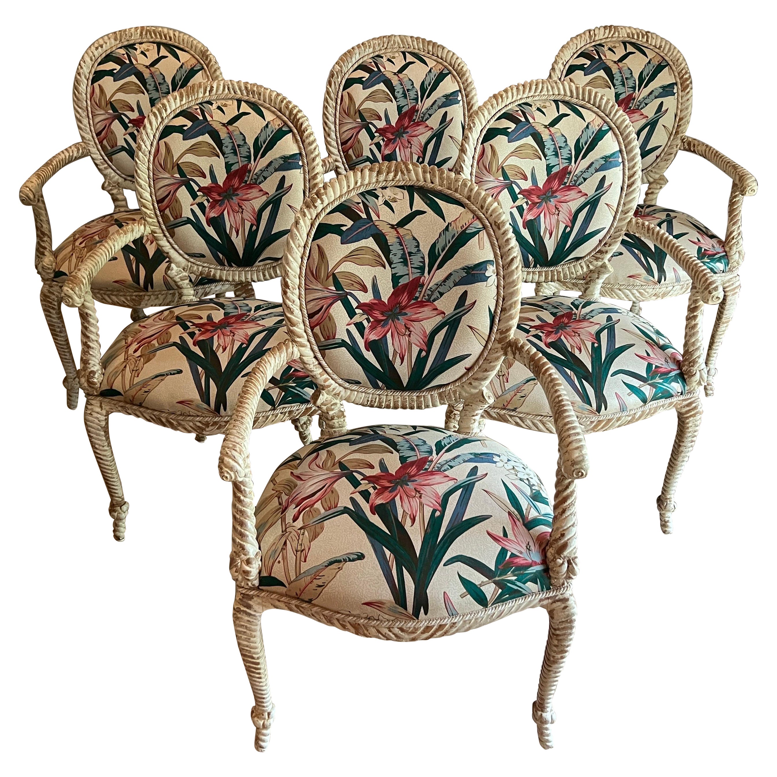 Vintage Faux Bois Distressed White Painted Carved Wood Armchairs Sold in Pairs