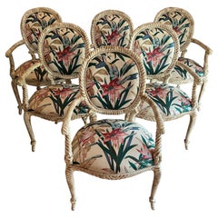 Vintage Faux Bois Distressed White Painted Carved Wood Armchairs Sold in Pairs