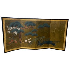 Retro Japanese Asian Signed Four-Panel Folding Byobu Nature Landscape Pine Tree Screen