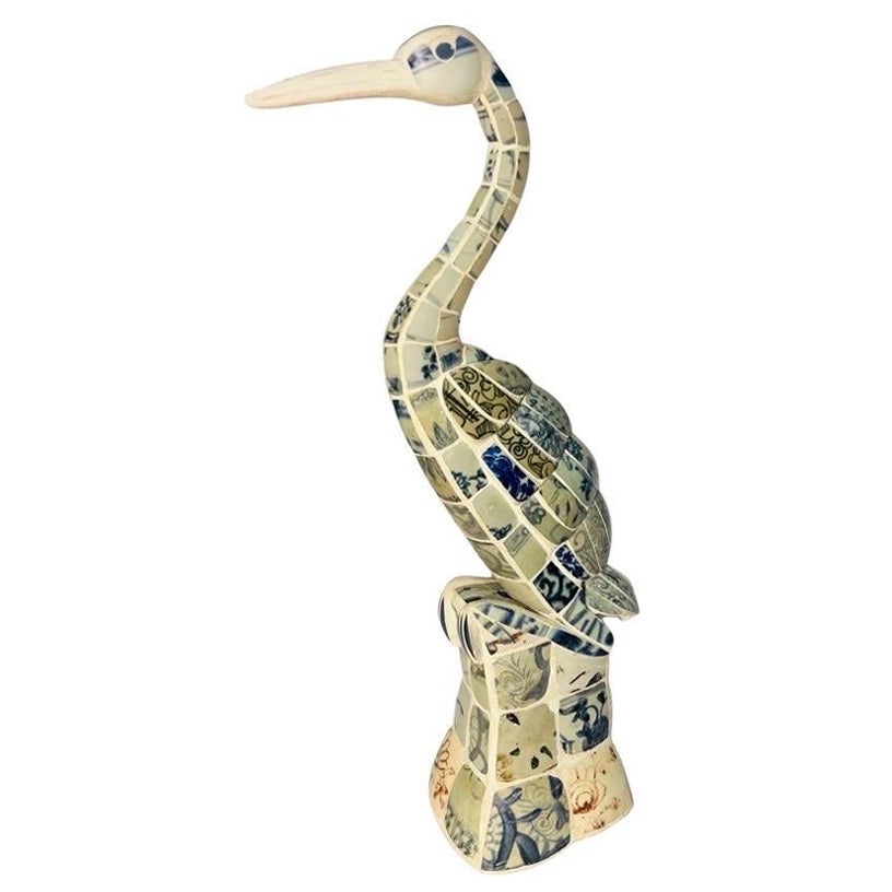 Vintage Crane Statue Constructed from Antique Delft Blue & White Fragments