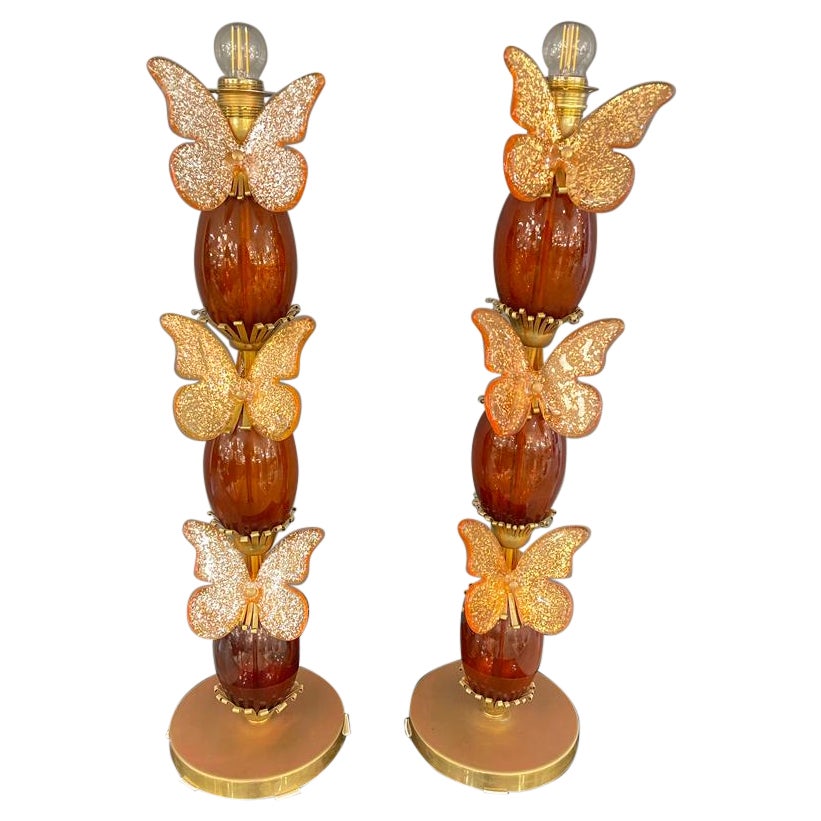 Pair of Italian Table Lamps with Butterflies in Murano Glass, circa 1970