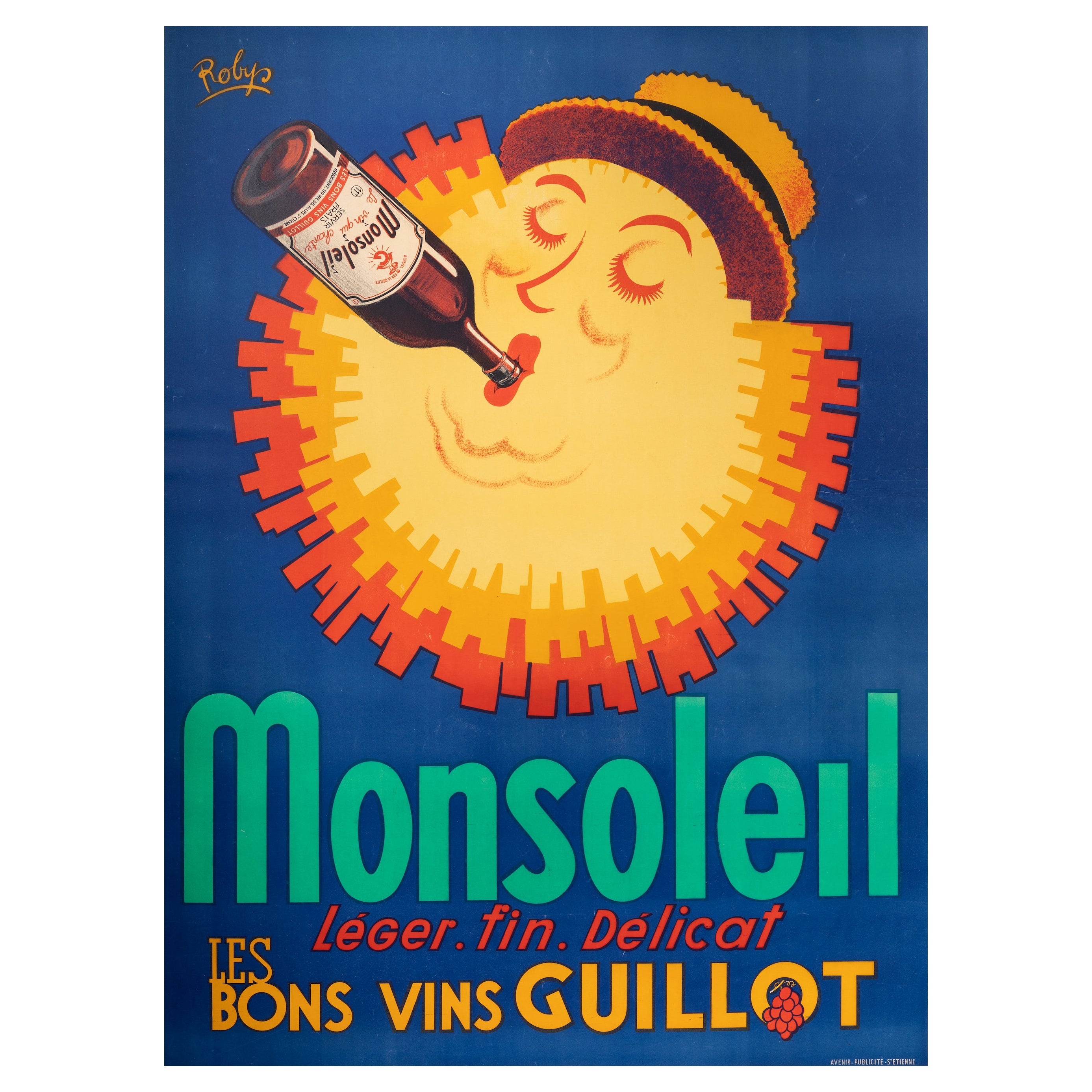 Affiche originale de vin vintage Robys, Monsoleil, vin, raisin, chapeau, soleil, 1940 en vente