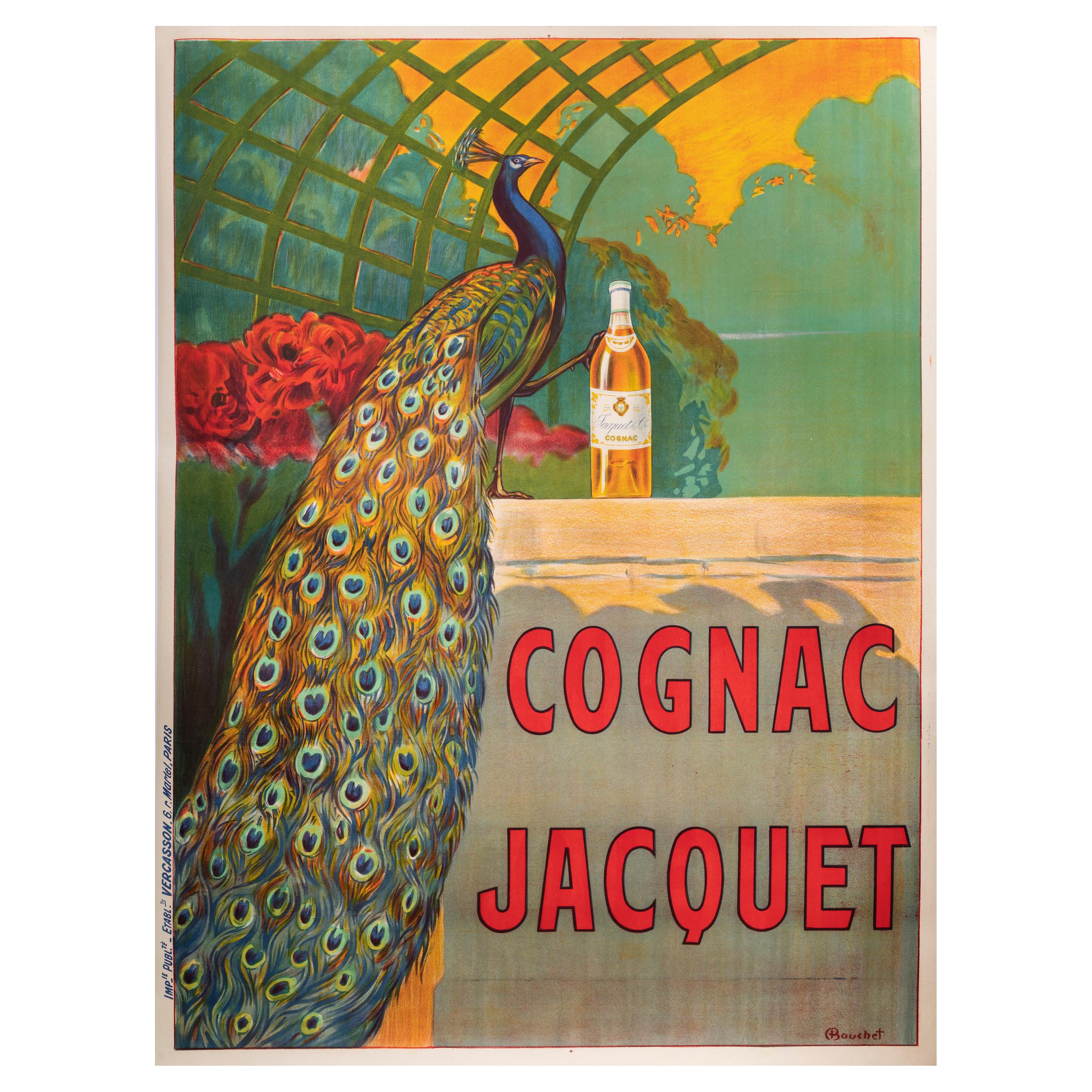 Bouchet, Original Vintage Poster, Cognac Jacquet, Peacock, Rose Garden, 1915