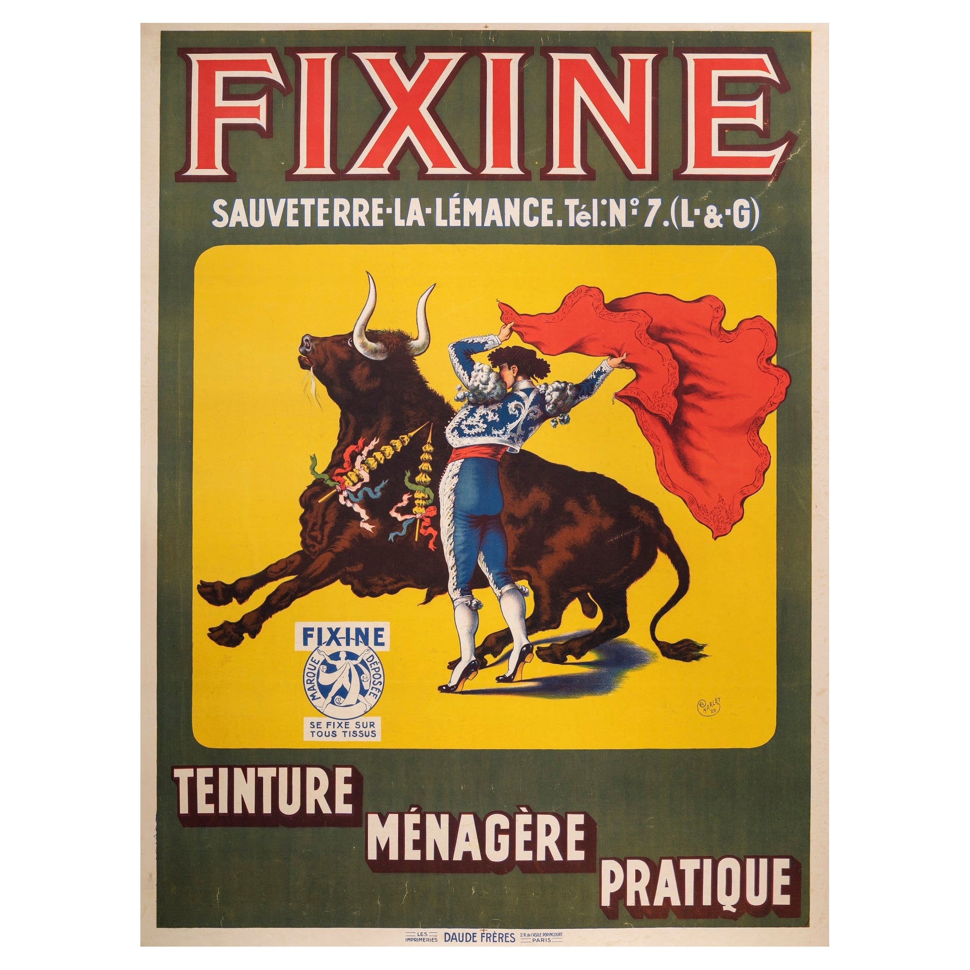 Charlet, Original Vintage Poster, Fixine, Garment Dye, Bullfight, Bull, 1925 For Sale