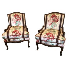 Antique Pair of Carved Walnut & Chintz Down Filled Bergere Club Chairs