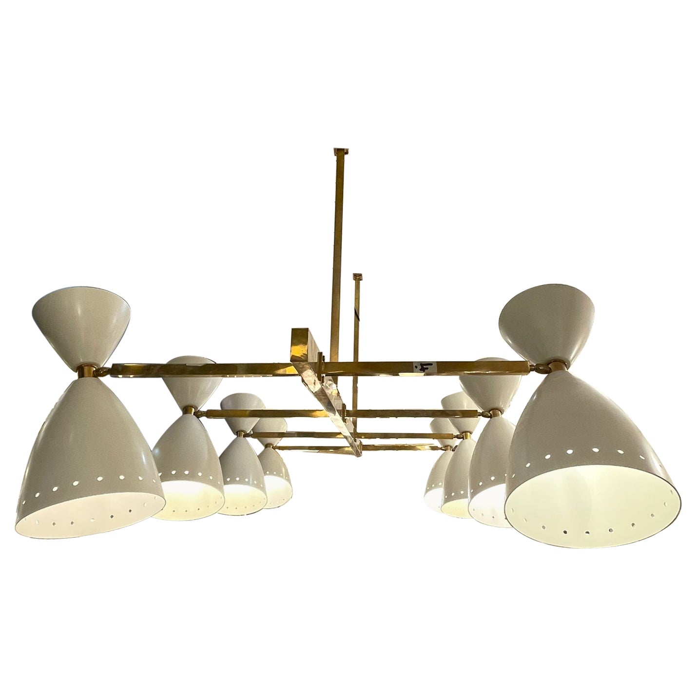 Italian Modernist Chandelier in Brass with Ivory Shades For Sale