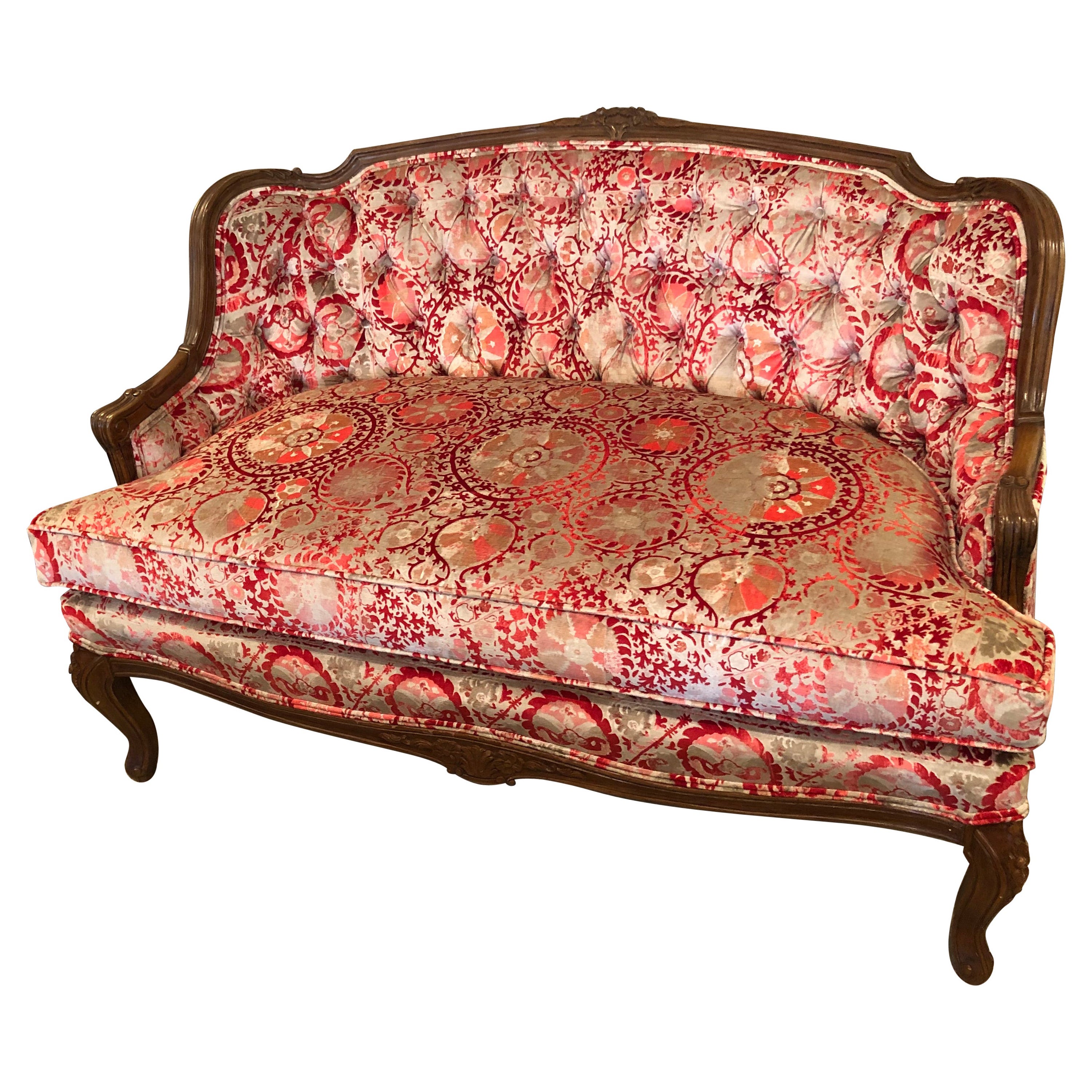 Antique Carved Walnut Tufted Small Settee Loveseat Upholstered in Velvet For Sale