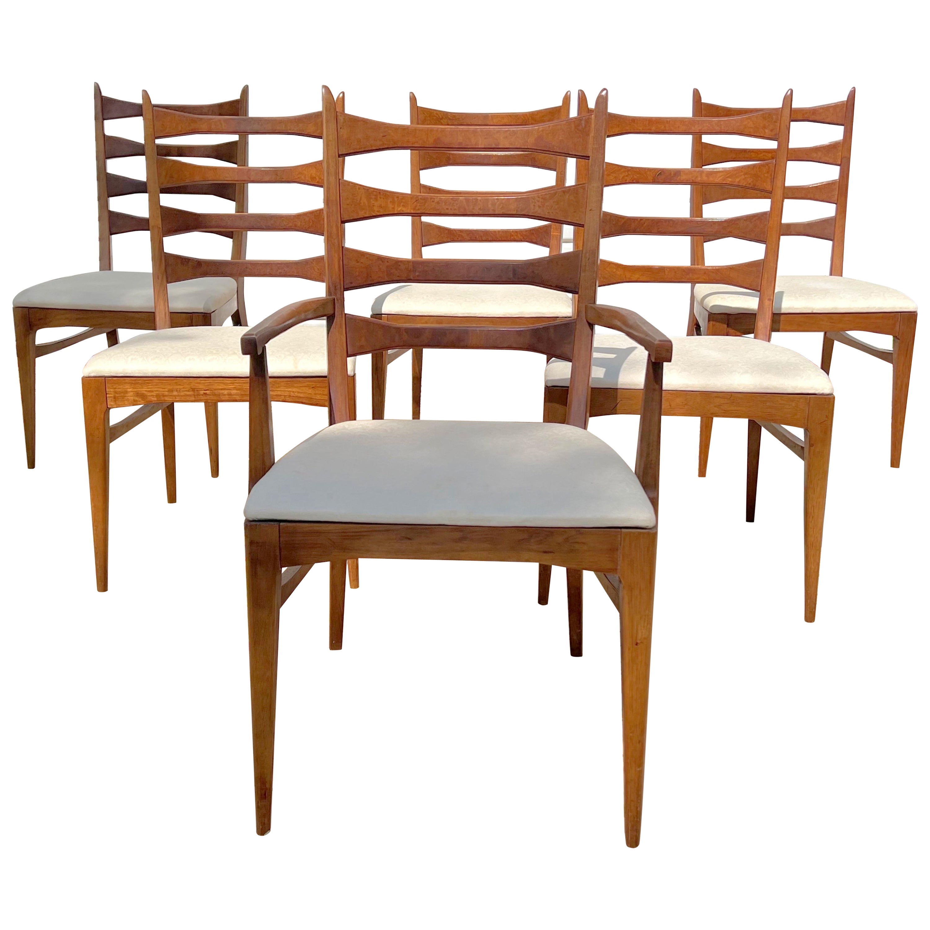 Set of 6 Mid-Century Modern Burl Ladder Back/Cat Eye Dining Chairs