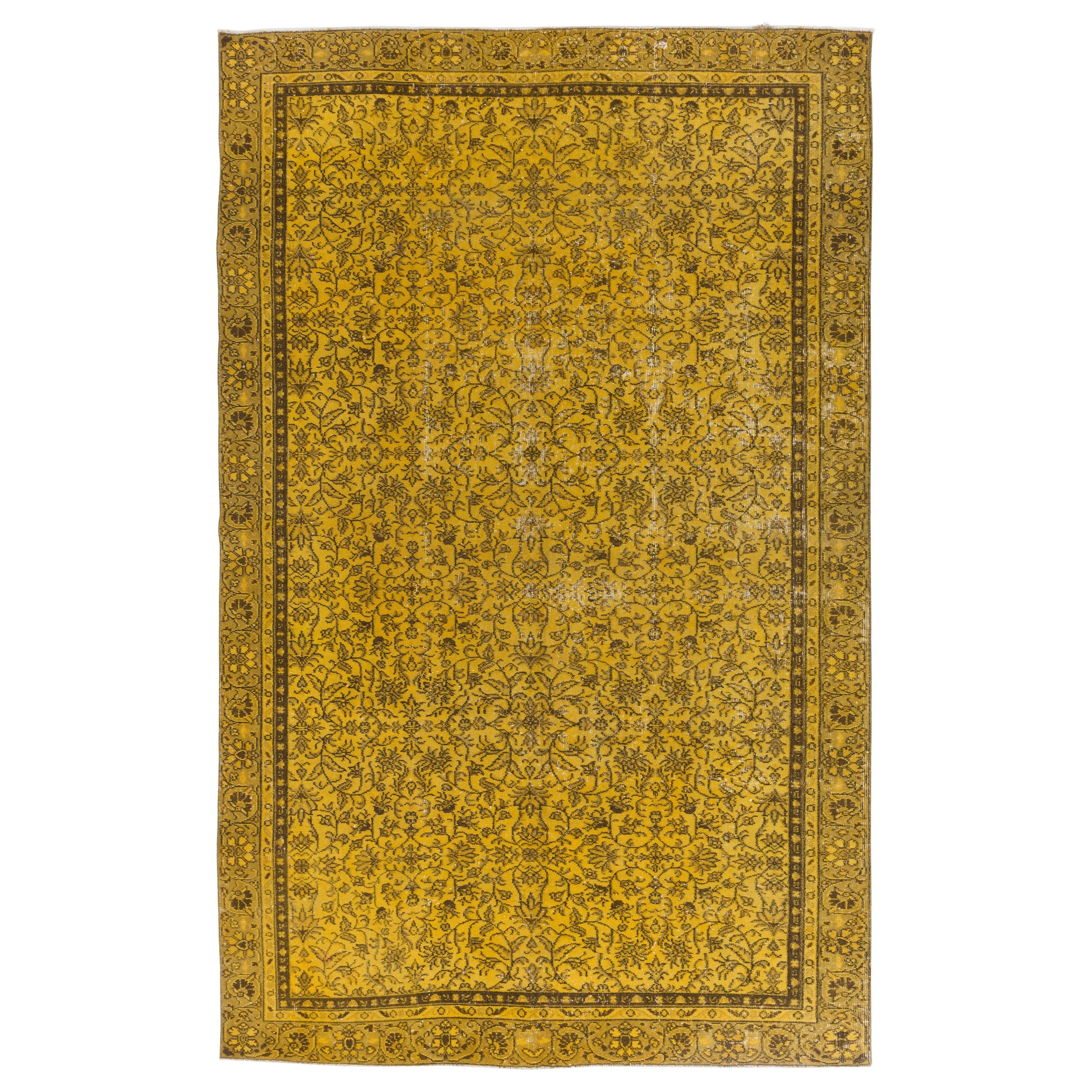 Moderner handgefertigter Teppich in Gelb, floral gemusterter türkischer Teppich