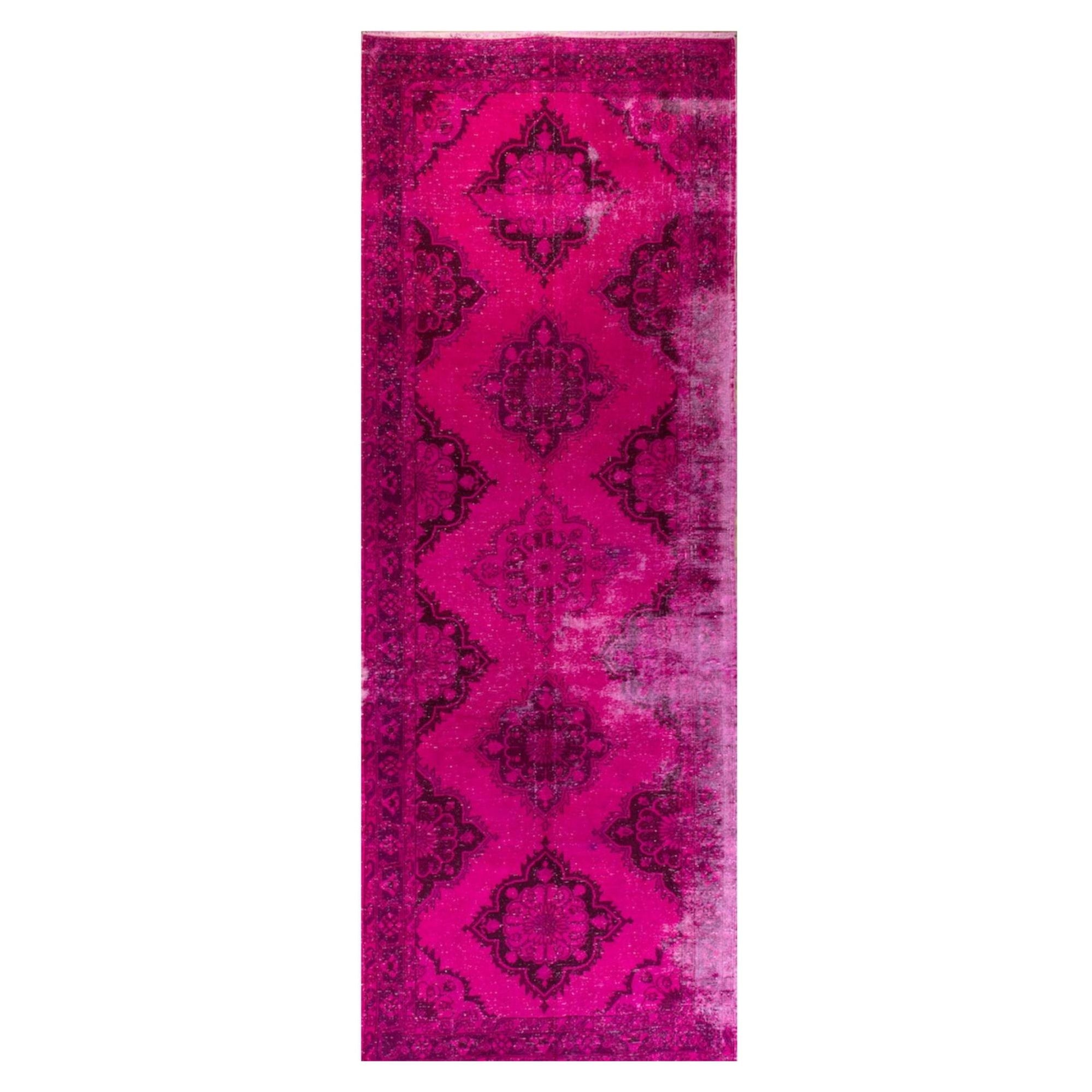 Vintage Handmade Turkish Wool Runner Rug in Hot Pink for Hallway Decor