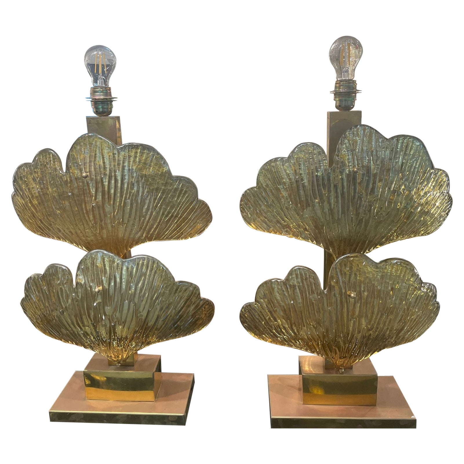 Pair of Italian Table Ginkgo Lamps in Murano Glass on Brass, 1980 For Sale