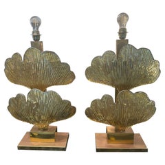 Pair of Italian Table Ginkgo Lamps in Murano Glass on Brass, 1980
