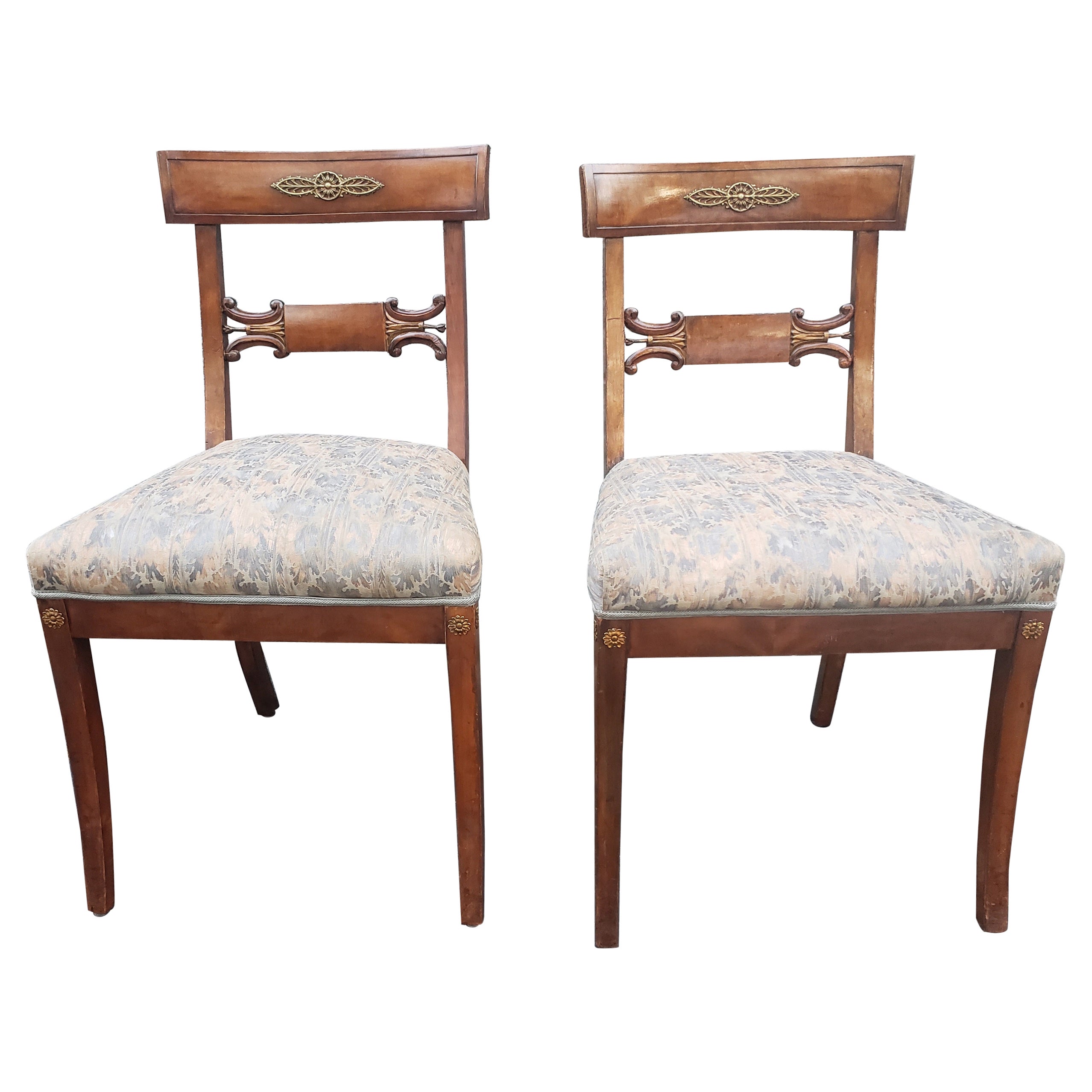 Pair of 19th C Empire Ormolu Mounted, Partial Gilt Mahogany & Upholstered Chairs For Sale